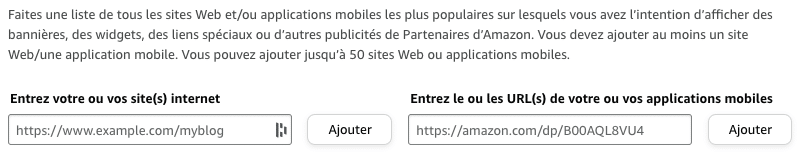 impression d'écran de la liste des sites d'un partenaire amazon