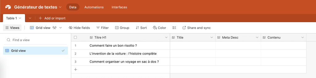 impression d'écran airtable pour générateur de texte avec intelligence artificielle
