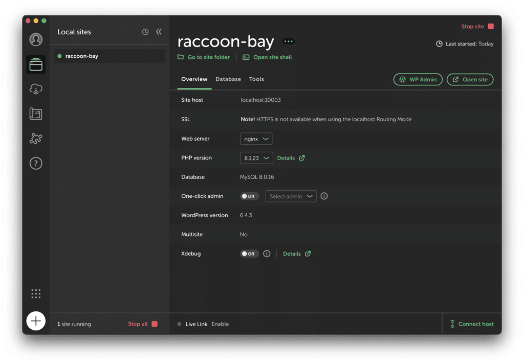 site installé en local avec localwp