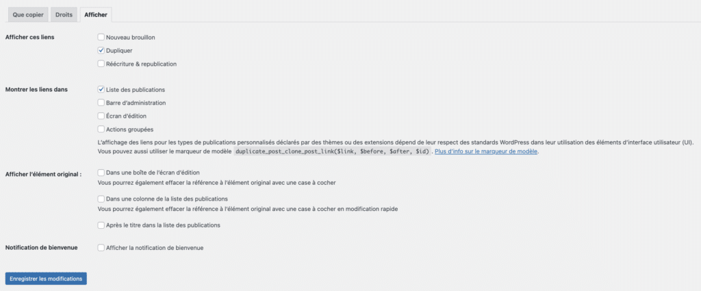 onglet "afficher" du plugin yoast duplicate post